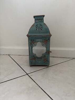 Large Primitive Distressed Rustic Blue Tin and Glass Ornate Metal Lantern